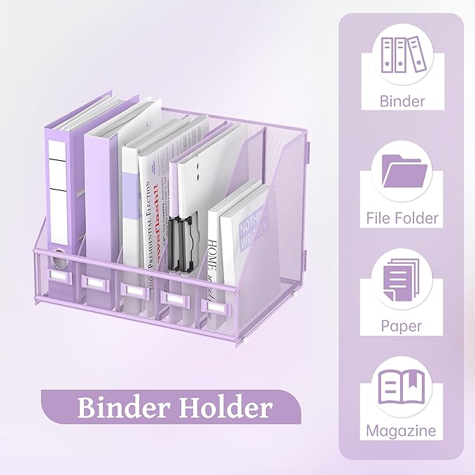 SUPEASY Desk Organizers Metal Desk Magazine File Holder with 5 Vertical Compartments Rack File Organizer for Office Desktop, Classroom, Home Workspace, Purple Plus