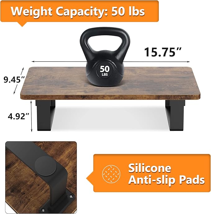 Monitor Stand Riser with 50 LB Capacity, Stable Wood Computer Monitor Stand for Desk Organizers, Anti-slip Computer Riser Monitor Shelf for PC Laptop Notebook Printer Computer iMac, Rustic Brown