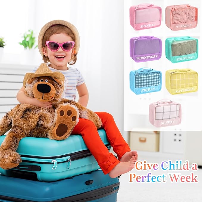 Days of Week Packing Cubes Weekly Organizer Travel Storage Bag School Clothes for Kids Summer Camp Family(9x7x3inch,Macaron,15)