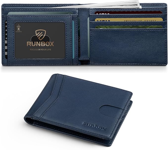 RUNBOX Wallet for Men Slim Leather Bifold RFID Blocking Minimalist Front Pocket Design with Gift Box