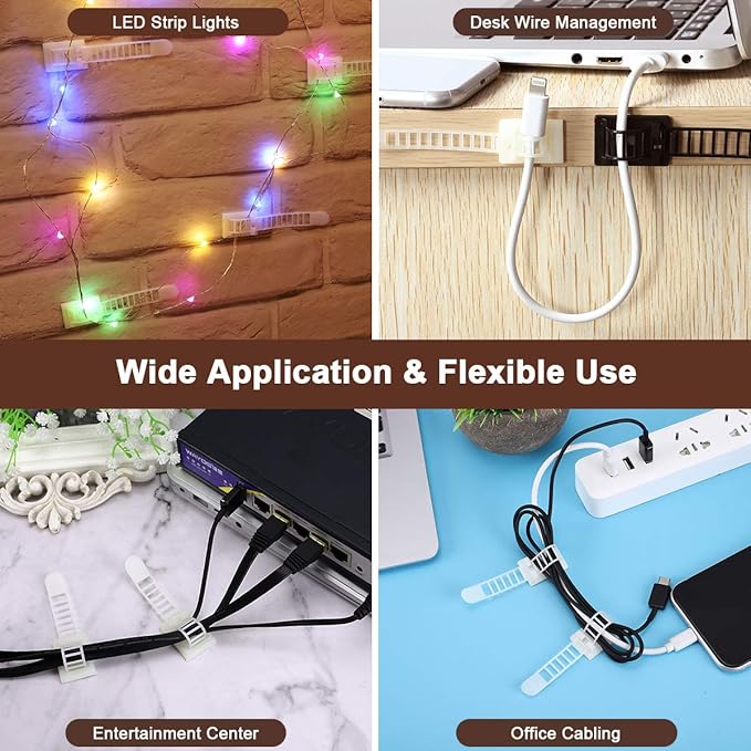 50Pcs Adhesive Cable Management Clips with 50Pcs Zip Ties, Adjustable Nylon Cable Strap Ties Wire Clips Clamps Organizer, Extra Screw & Hole - 3.35 Inch White