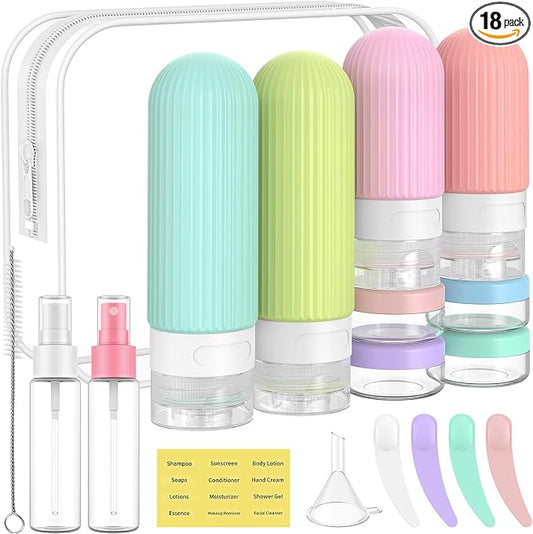 ME.FAN Travel Bottles for Toiletries,18 Pack Silicone Portable Size Bottle, TSA Approved Refillable Cosmetic Container Kits for Conditioner, Shampoo, Lotion,Face Cream - Bright