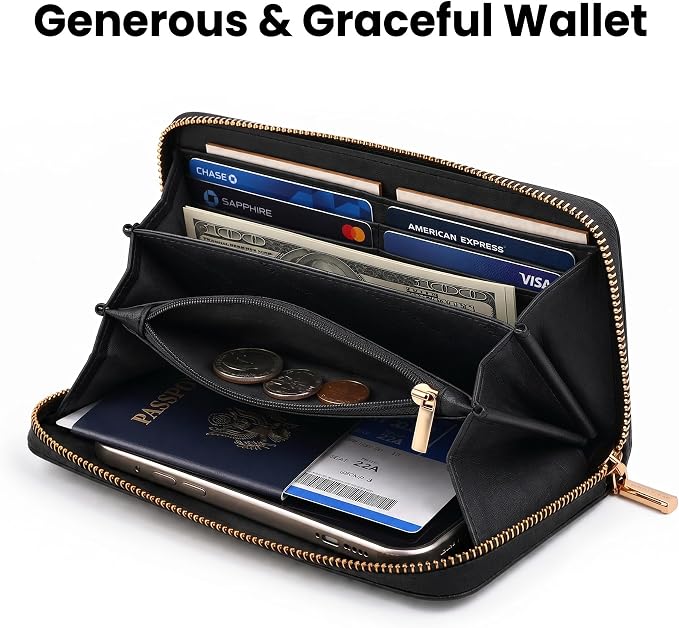 Clutch Wallet For Women, Leather RFID Blocking Wallet Women Large Capacity Credit Card Holder, Womens Billfolds and Wallets Gifts for Women Birthday, Ladies Wallet with Phone Holder, Zip Around