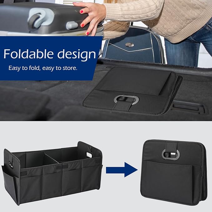 Foldable Car Trunk Organizer - 63L Collapsible Multi-Compartment Storage with 10 Side Pockets, Reinforced Handles & Waterproof 600D Oxford Polyester - Fits Car, SUV, Minivan - Black