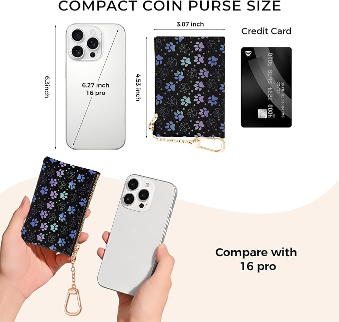 Dog Paw Cute Keychain Coin Purse for Women, Small PU Leather Change Pouch, Zipper Little Travel Credit Card Wallet for Girls, Tiny Zip Pocket Coin Holder with Key Ring for Ladies Gifts