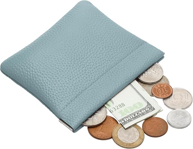 Genuine Leather Squeeze Coin Purse Pouch Change Holder For Men & Women Mini Change Purse Pouch for Pocket, Small Pouch Credit Card Key Headset Lipstick Holder (Blue)