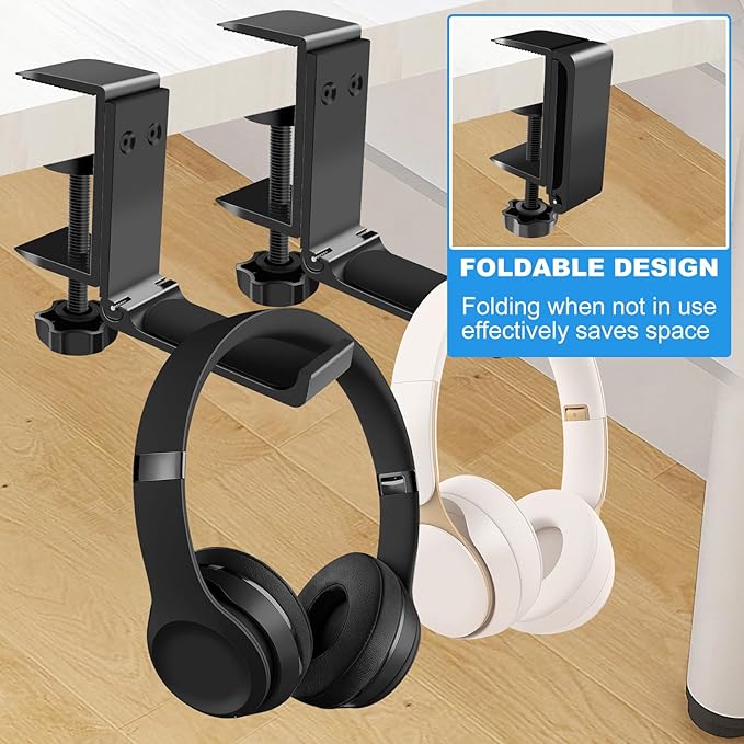 2PCS Headphone Stand Hanger Holder, Foldable Aluminum Desk Headphone, Universal Space Saving Headset Stand Multifunctional Under Desk Hanger for Home Office