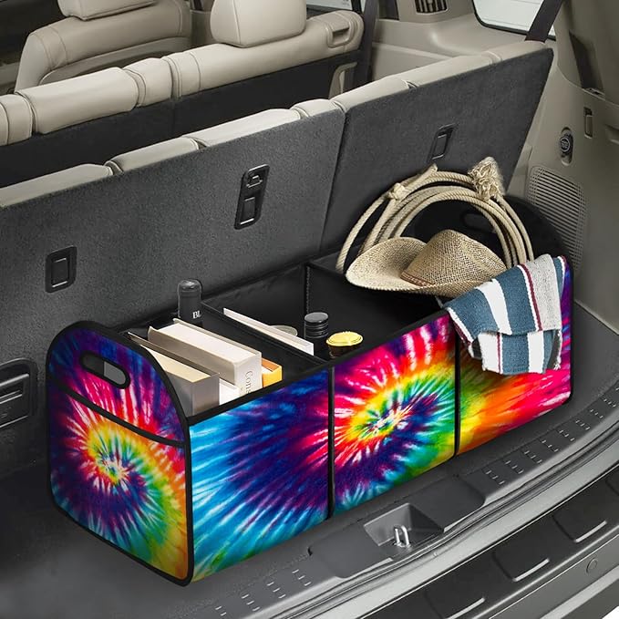 TieDye Car Trunk Organizer Storage Box Collapsible Non-Slip Automotive Organizer Vehicle Organization