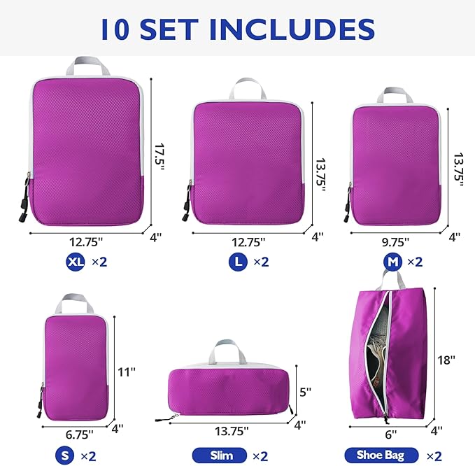 Compression Packing Cubes, 10 Set Packing Cubes for Travel Compression, Lightweight Compressible Package Organizer for Carry On and Suitcases, Purple and Grey