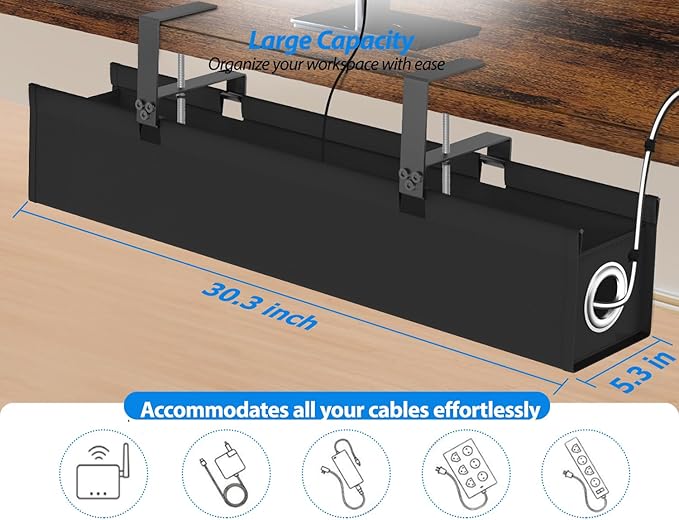 Large Under Desk Cable Management Tray No Drill, Suolaao 30" Cord Organizer with Oxford Fabric, Clamp Mount, Holds 30 lbs, Large Cable Rack for Gaming & Home Office Standing Desk