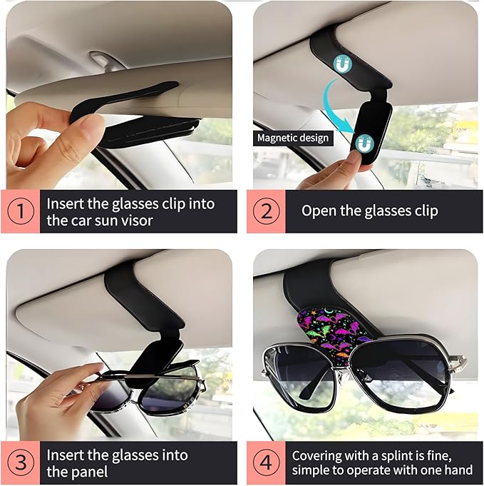 Sunglasses Holder for Car Visor, PU Leather Glasses Clip Organizer, Cute Magnetic Eyeglass Holder for Vehicle Sun Visor, Car Interior Accessory for Women & Men Purple Bats Sky