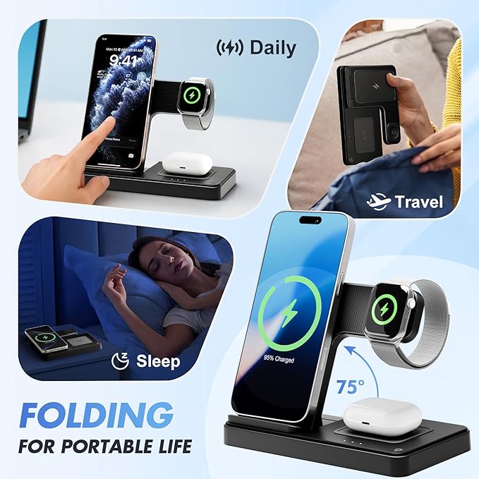 Wireless Charging Station for Apple Devices: 3 in 1 Foldable Qi Compact Case-Friendly Charger Stand for iPhone 17-12 & Apple Watch & AirPods Charging Dock for Travel Home Office Desk Nightstand(Blcak)