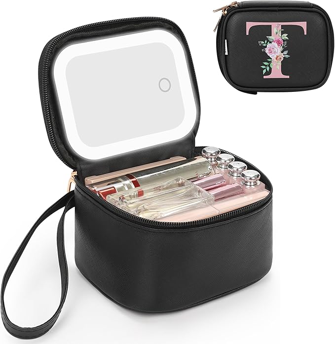 Relavel Mini Makeup Bag with Led Mirror, Initial Make Up Bag for Women, Travel Cosmetic Pouch with Adjustable Brightness, Birthday Gifts for 11 12 13 14 15 16 17 18 Years Old Girl - Black T