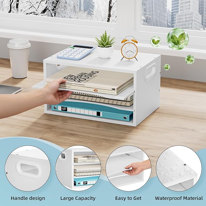 Marbrasse 3-Tier Wood Desk Organizer, Paper Letter Tray Organizer for Desk, Wooden Desktop File Organizer with Handle and Paper Sorter Mail Holder for Office School & Home Supplies Organization-White