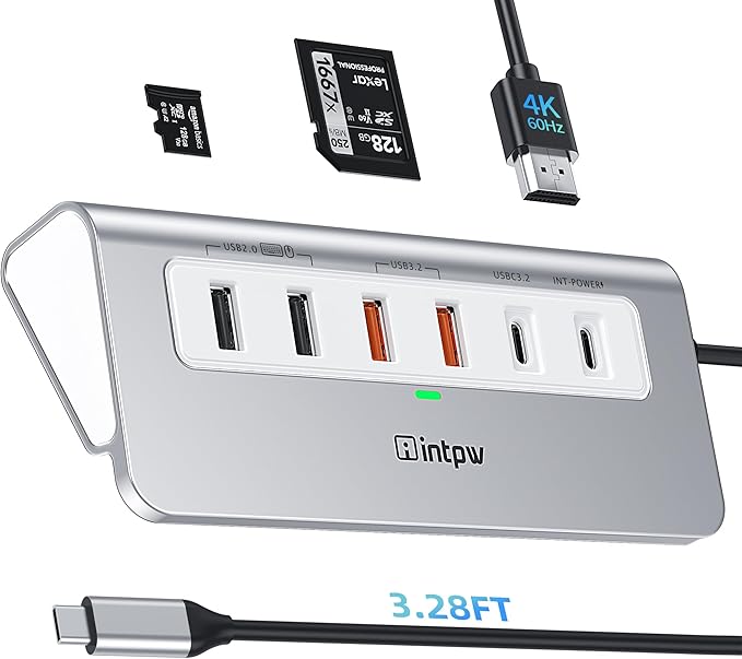 P9 PRO USB C Hub 10Gbps, intpw 9-in-1 USB 3.2 Hub with 4K@60Hz HDMI, 3 USB-A/C 3.2, 2 Type-A 2.0, PD 100W, SD/TF Slot, 3.28FT Aluminum USB Hub for PC, iPhone 16/15 Series, MacBook Air/Pro and More