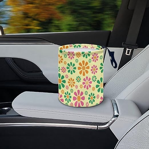 Colorful Hippie Flower Car Trash Bin Garbage Can Foldable Rubbish Bin Basket Bag Portable Cup Holder Organizer with Strap Universal Storage Bag Box for Fit Most Cars, SUVs, Trucks
