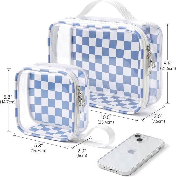 LETGO Blue Checkered Diaper Bag Organizer Pouch Set,TSA Approved Toiletry Bag,Clear Waterproof TPU Makeup Bag Set Travel Organizer Bags for Women and Kids Toiletry Bag Set for Baby and Mom Essentials