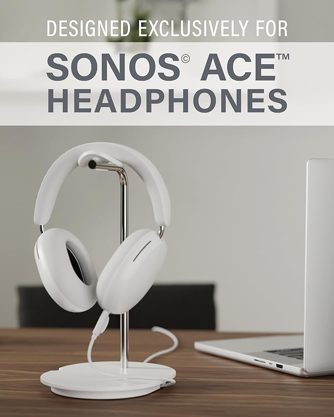 Sanus Sonos Ace Headphones Stand - Premium Stand w/Silicone Cradle Prevents Creasing & Built-in Cable Management w/Magnetic Clip for Fast Charging - Tool-Free Setup - White Sonos Headphones Holder