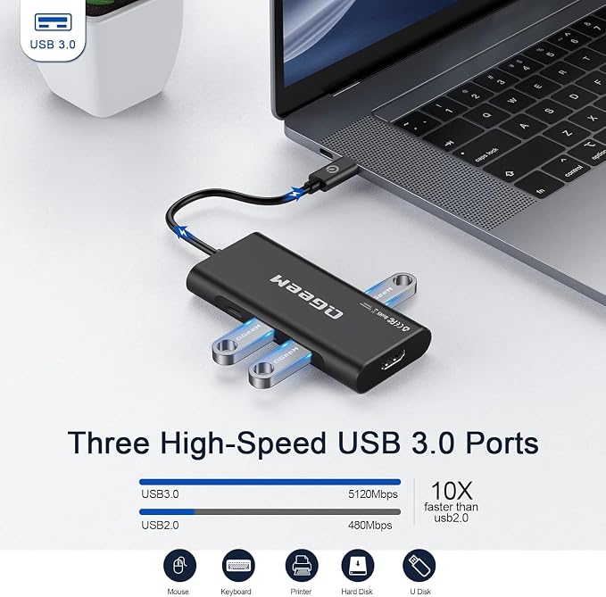 USB C Hub, QGeeM USB 4k to HDMI Adapter, 7 in 1 USB-C Dongle with 100W PD,USB 3.0, Card Reader, Compatible for MacBook iPhone 15/17 Ipad Pro max,Chromebook Laptop USB Type C Dock-Black