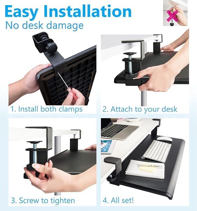 Max Smart Clamp On Keyboard Tray Under Desk, Keyboard Drawers, Keyboard Platforms, 20inch, Easy Assembly, Slide-Out Platform Computer Drawer for Typing