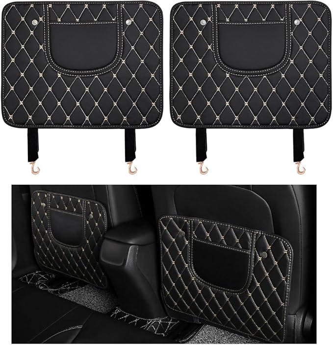 2 PCS Car Kick Mats, Leather Back Seat Protector with Storage Bag, Waterproof Automotive Backseat Cover Pad Prevent Kids Dirt Mud and Scratch, Interior Car Accessories(Black & Beige)