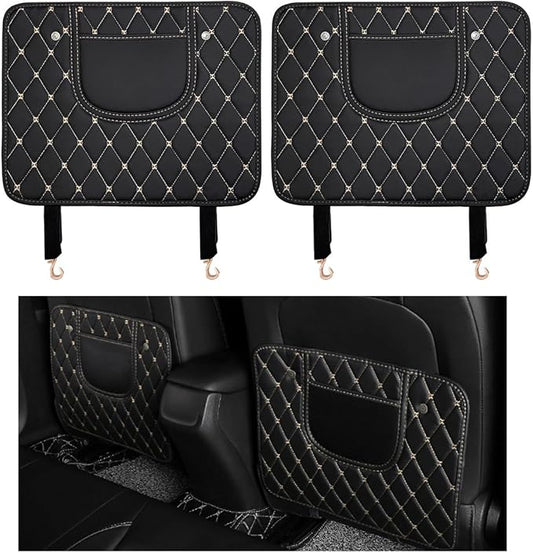 2 PCS Car Kick Mats, Leather Back Seat Protector with Storage Bag, Waterproof Automotive Backseat Cover Pad Prevent Kids Dirt Mud and Scratch, Interior Car Accessories(Black & Beige)