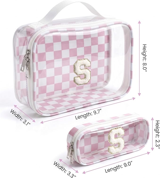 LETGO Small Personalized Initial Letter Makeup Bag Set,Preppy Patch Checkeredboard Bags Chenille Travel Toiletry Bag Cute Zipper Pouch Purse for Women Men Beach Organizer(S,Pink&Beige)