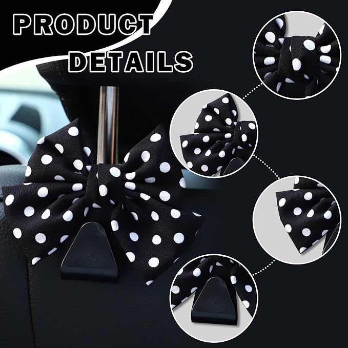 2PCS Car Seat Headrest Hooks, Cute Bow Vehicle Rear Seat Bracket Hook for Purses and Bags, Automotive Purse Hook Hanger, Universal for SUV, Sedan, Truck (Black+Polka Dot)