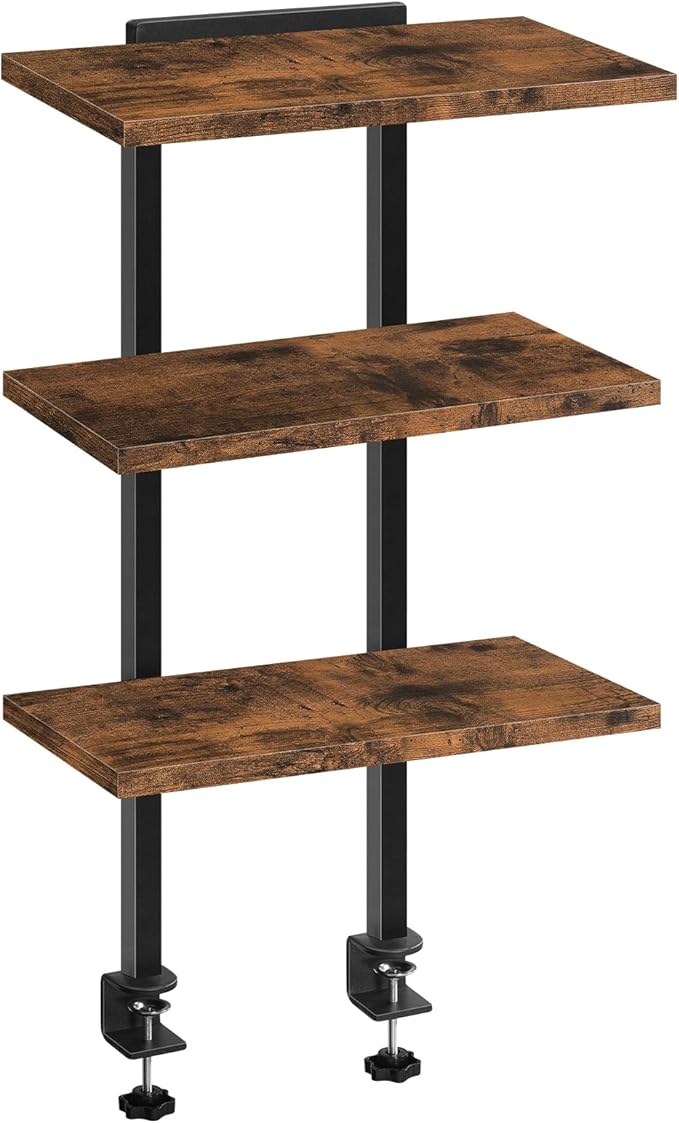 MAHANCRIS Clamp On Desk Organizer, 3-Tier Desktop Bookshelf, Adjustable Desk Storage Shelf, Metal Frame, for Office, Study and Game Room, Rustic Brown DSHR3601