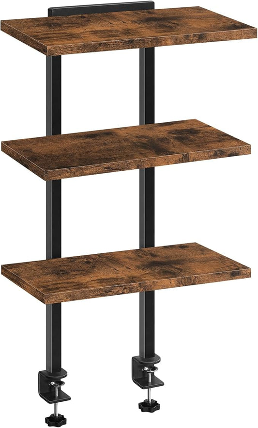 MAHANCRIS Clamp On Desk Organizer, 3-Tier Desktop Bookshelf, Adjustable Desk Storage Shelf, Metal Frame, for Office, Study and Game Room, Rustic Brown DSHR3601