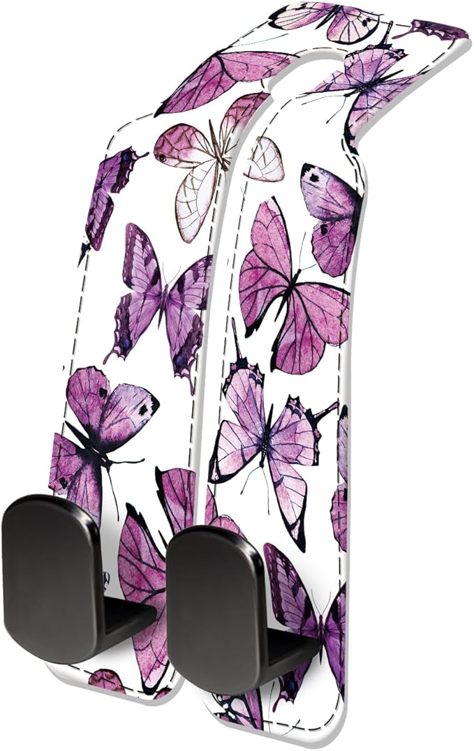 Car Seat Headrest Hook, Universal Leather Cute Hanger Holder Hook, Storage Organizer Interior Accessories for Purse Bags Handbag Luxury Purple Butterfly