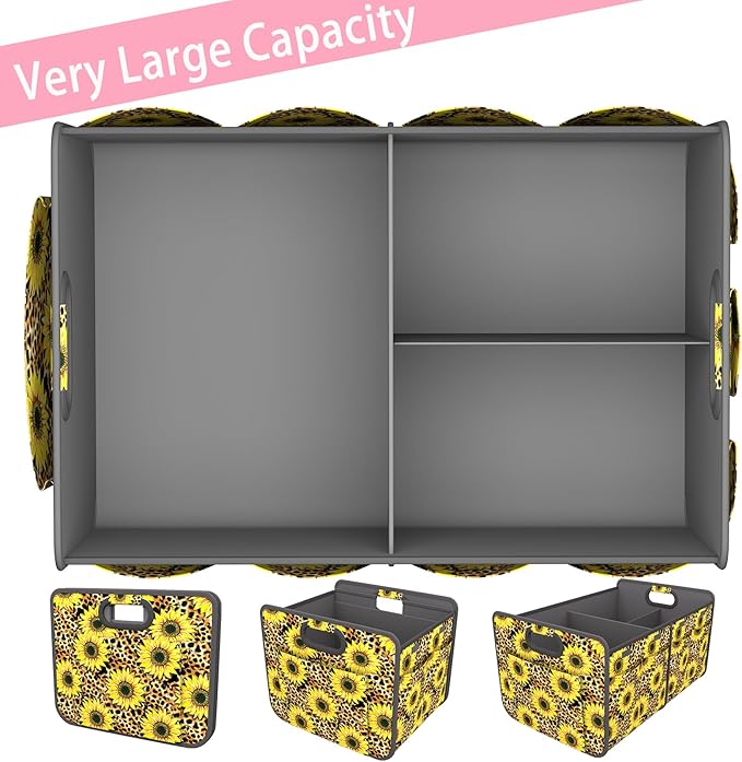 Homeve Trunk Organizer, Car Storage, Reinforced Handles, Collapsible Multi-Compartment, Foldable, Waterproof, Sturdy, 600D Oxford Polyester For Car, SUV, Mini-Van, Sunflower Leopard Print, 2 Compart