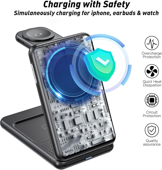 Upgraded 3-in-1 Magnetic Wireless Charger, Foldable Charging Station, Electromagnetic Induction Base,Compatible with MagSafe,Compatible with iPhone 12-17 Series, Apple Watch, and AirPods