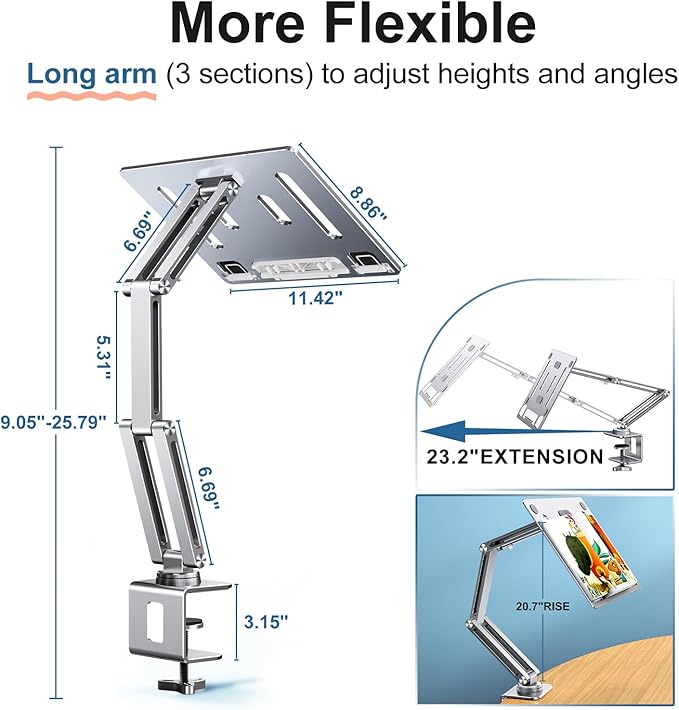 Laptop Mount for Desk, Tablet Arm Mount with 360° Rotating, Aluminum Laptop Tray Adjustable, Foldable Computer Stand/Holder, Fit for 11-15 Inch Laptops (Silver)