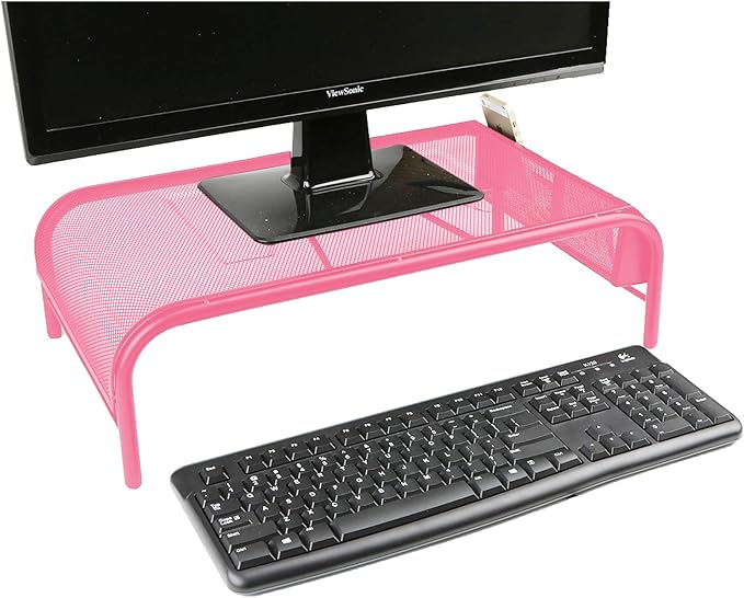 Mind Reader Monitor Stand, Ventilated Laptop Riser, Desktop Organizer, Side Storage, Metal Mesh, 20" L x 11.5" W x 5.5" H, Pink