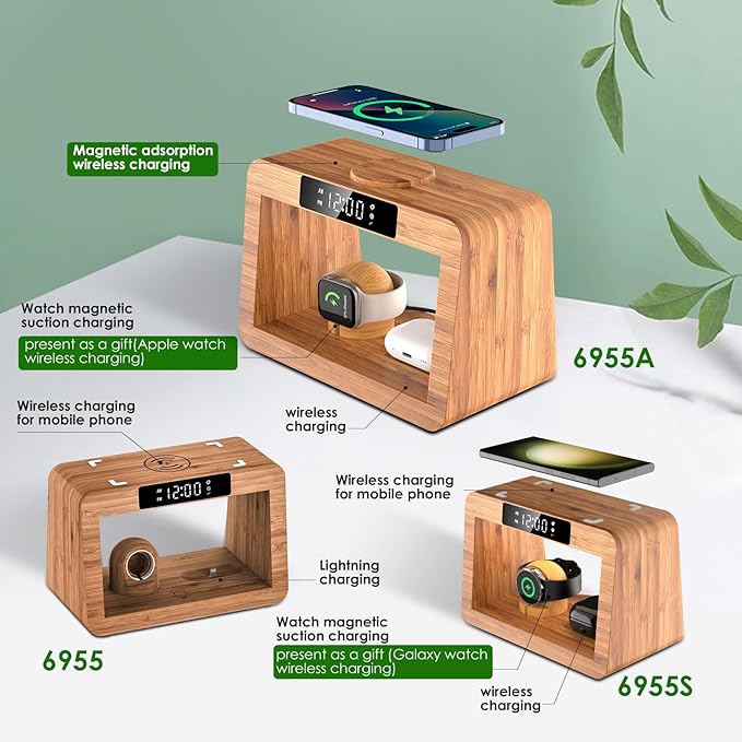 Bamboo Wireless Charging Station for Multiple Devices, with Night Light and Alarm Clock, 3 in 1 Charging Station for Apple Devices, Multi Charger Station for iPhone/iWatch/AirPods Pro