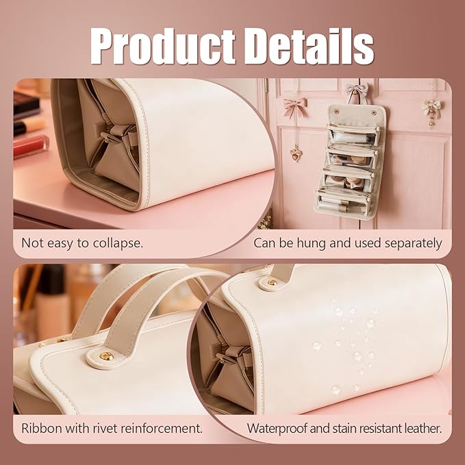 Large Expandable Makeup Bag for Women, 4-in-1 Waterproof Makeup bag, Cosmetic Bag with Detachable Interior Pockets, Ideal for Women Travel Essentials(White)
