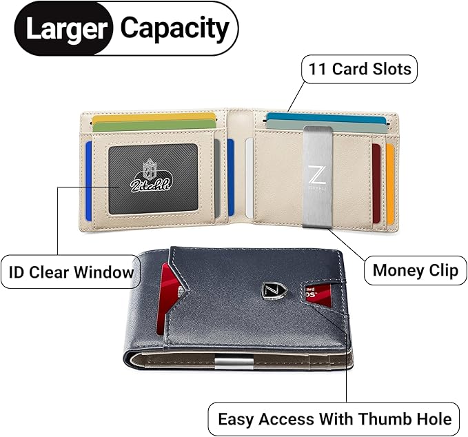 Zitahli Slim Wallet for Men with Money Clip, Minimalist Front Pocket RFID Blocking Leather Wallets Bifold Credit Card Holder, 11 Card Slots and ID Window with Gift Box