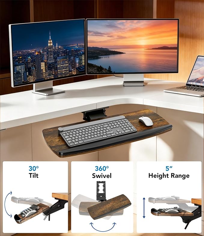 AX WABER Keyboard Tray Under Desk with Storage Drawer, Height Adjustable Keyboard Tray Slide Out 360° Swivel Tilt, Ergonomic Under Desk Mount Keyboard & Mouse Holder for Gaming Home Office, Vintage