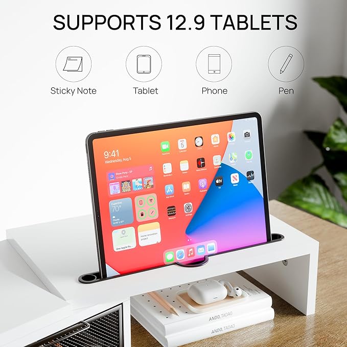 ZIFTY Dual Monitor Stand Riser for 3 Monitors, Desk Organizer with 2 Drawer and Smartphone Holder, Adjustable Length & Angle Workspace Organizers for Monitors Laptop Printer Computer, White