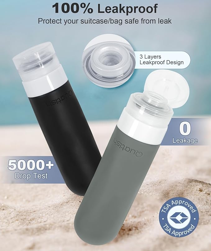 Quatish Travel Bottles for Toiletries 6 Pack, Original Patented Leakproof 3 oz Tsa Approved Travel Size Containers, BPA Free Silicone Shampoo and Conditioner Bottles, Cruise Camping Essentials, Black