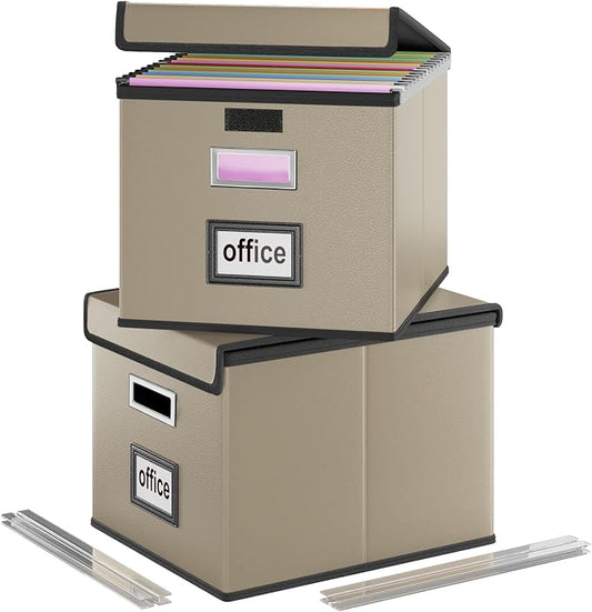 File Organizer Boxes with Lids, Collapsible Faux Leather Hanging File Folder Box Organizer with Plastic Slide, Decorative Home/Office Filing System Boxes for File and Folders Storage