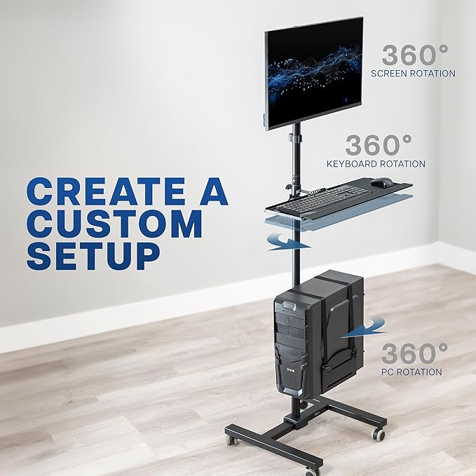 VIVO Mobile Computer Cart with Monitor Mount for up to 32” Screens, Rolling PC Desk Workstation, Full Keyboard Tray, Adjustable CPU Holder, Black, CART-PC02T