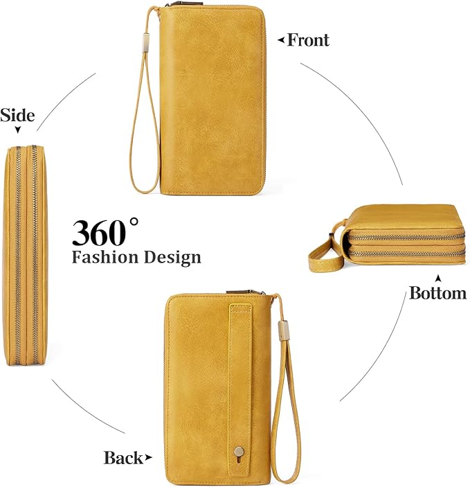 GAEKEAO Wallet for Women Clutch RFID Blocking Wristlet Leather Purse Large Capacity Credit Card Holder with Grip Hand Strap