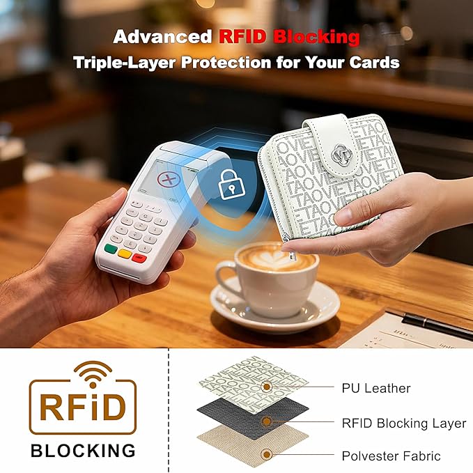 Credit Card Wallets for Women, Leather Cardholder with Zipper Around, Small Rfid Ladies Wallet, Accordion Compact Bifold Purse for Travel, 19 Card Slots, ID Window, Cash Organizer - White