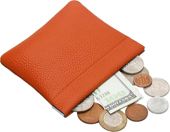 Genuine Leather Squeeze Coin Purse Pouch Change Holder For Men & Women Mini Change Purse Pouch for Pocket, Small Pouch Credit Card Key Headset Lipstick Holder (Orange)