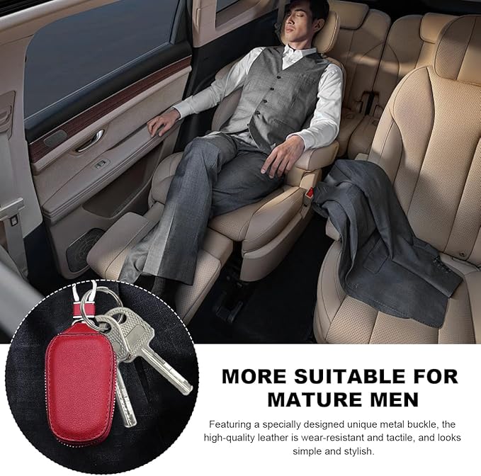 Wevdn Car Key Case, Genuine Leather Auto Smart Key Fob Holder with Metal Hook, Anti Scratch Automotive Key Protector Key Chain Zipper Bag for Remote Key Fob, Car Accessories (Red)