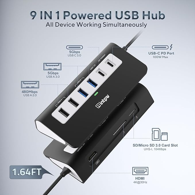 P9 USB C Hub, INTPW 9-in-1 USB Multiport Adapter with 4K HDMI, PD 100W, USB-C and 2 USB A 3.0 5Gbps, 2 USB A 2.0, SD/TF Card Reader, Aluminum Powered USB Hub for PC, iPhone 16/15 Series, MacBook, iPad