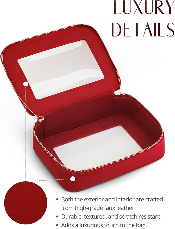 Popvibe Clear Makeup Bag Travel Cosmetic Case Toiletry Bag with Zipper, Red, Medium