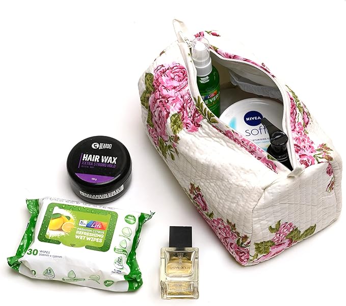 Cotton Hand Block Floral Print Toiletry Bag For Women Make Up Cosmetic Bag Jewelry Organizer Kit Storage Bag Case Travel Accessories Essential Toiletries Purse Open Pouch White 1 (9.25"x 6.88"x 4.5")